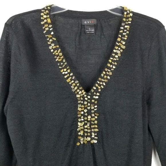 Evie Womens Soft Linen Long Sleeve V Neck Top Size L Black Embellished Neckline - Picture 6 of 11